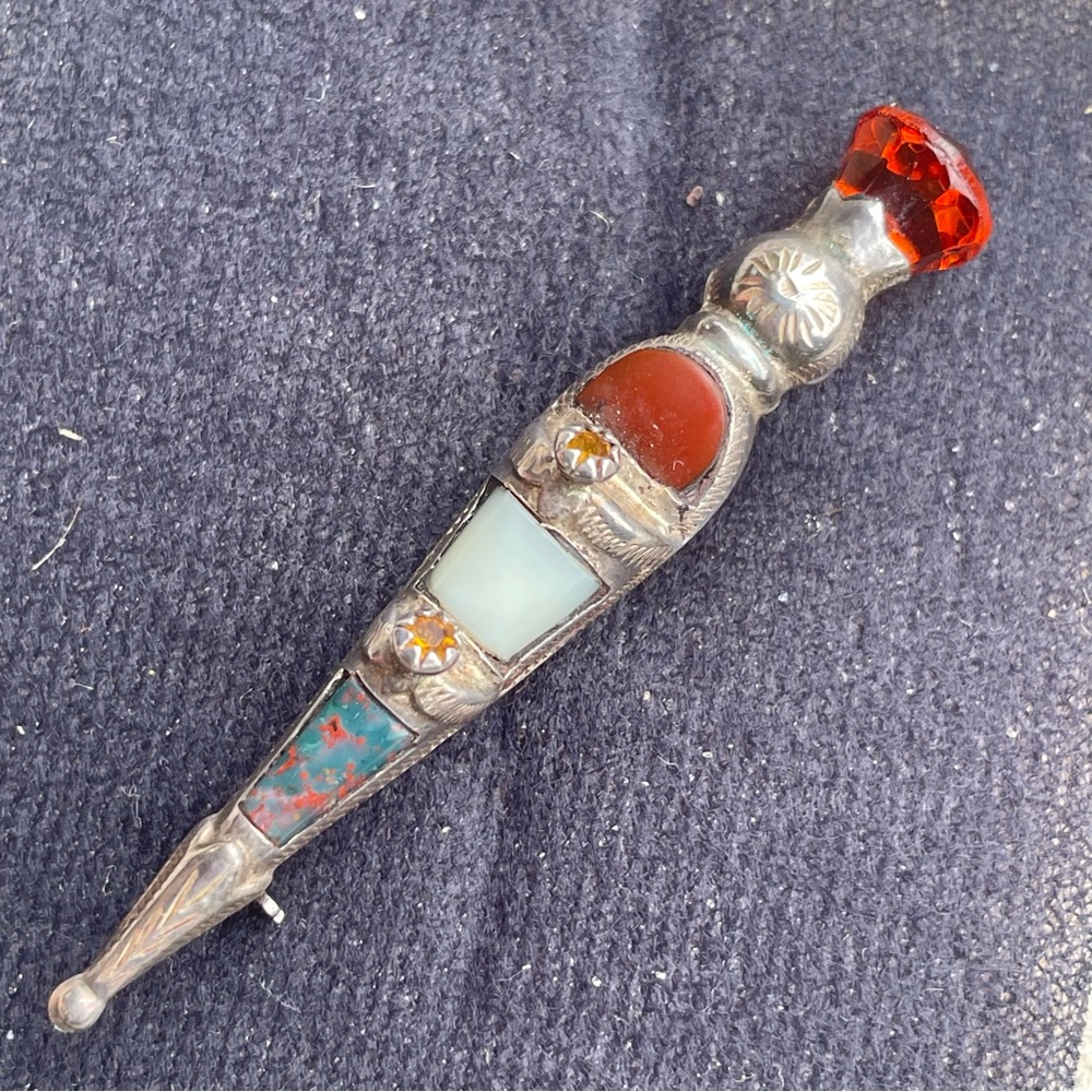 Antique Large Victorian Scottish Agate Silver Dirk Kilt Brooch Pin Amber 1890s